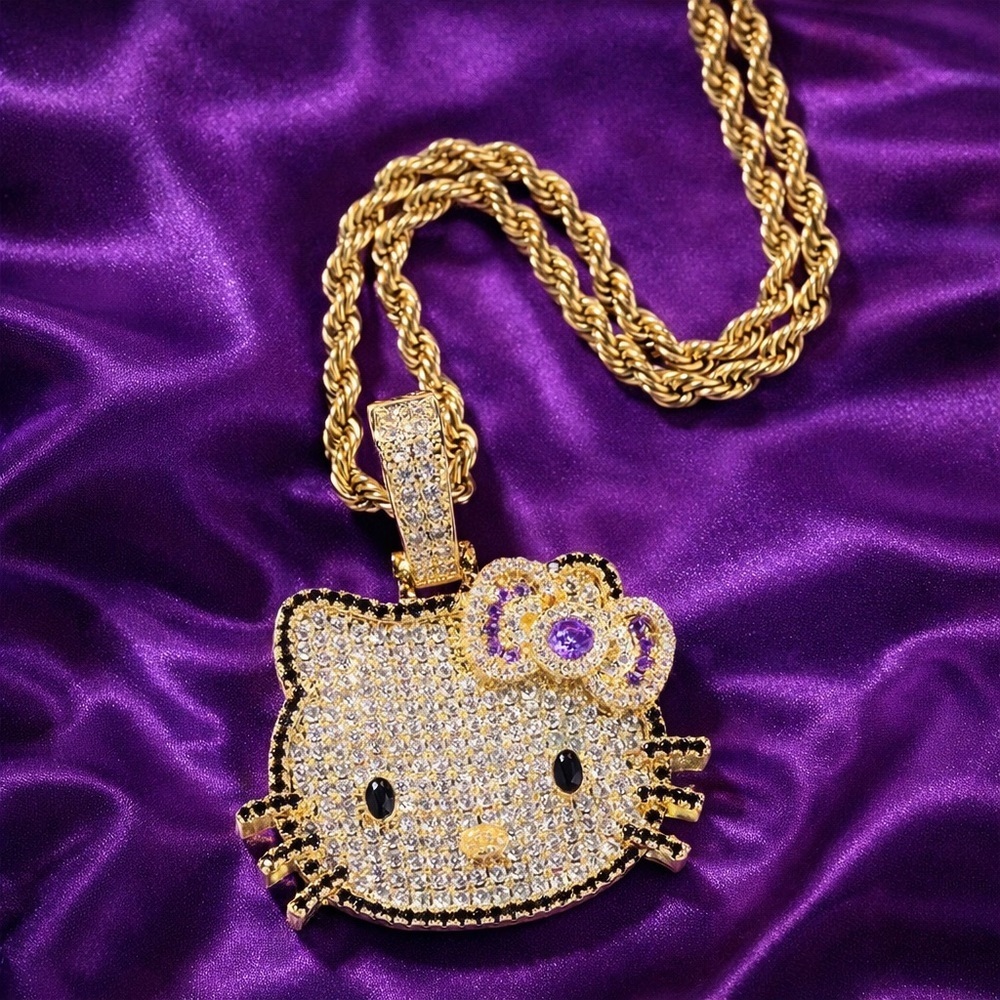 Gold Hello Kitty Crystal Pendant Necklace 18inch  - Sparkling Purple Accents